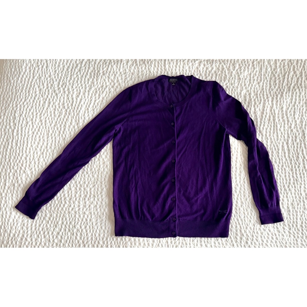 Talbots Pima Cotton Cardigan M Plum Purple Preppy Button Front Dragonfly Sweater